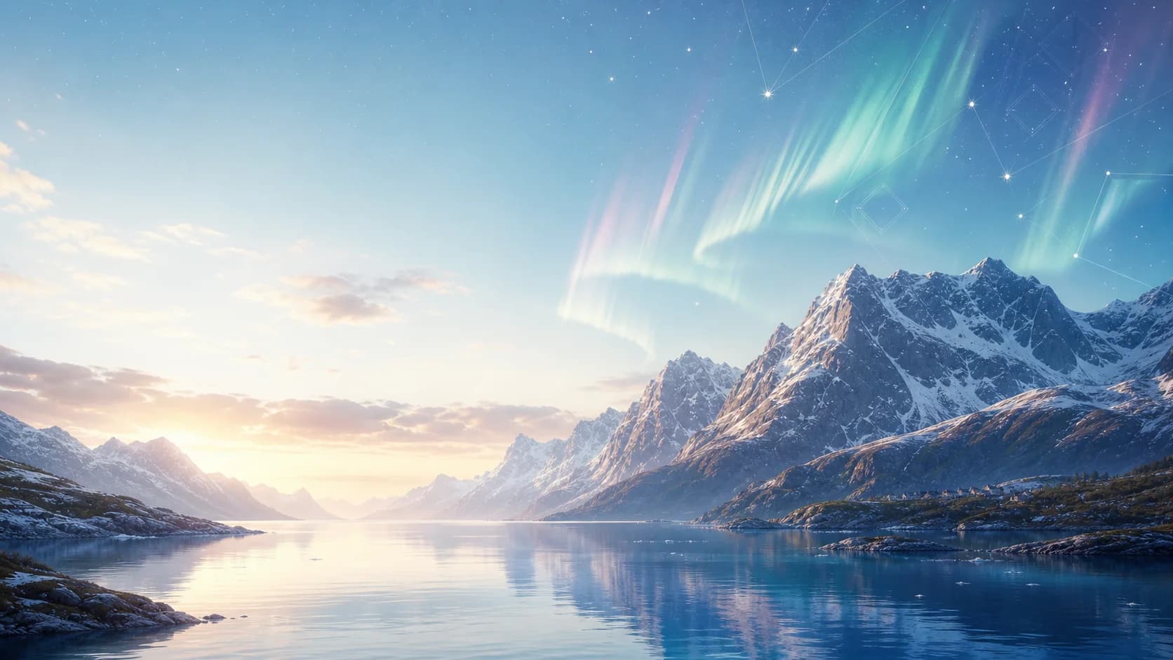 Nordisk fjordlandskap med fjell, nordlys og abstrakte kortstjerne-mønstre